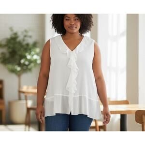 Ashley Stewart Top SZ 24 White Ruffles Crepe Sleeveless Sheer Ruffles Upscale